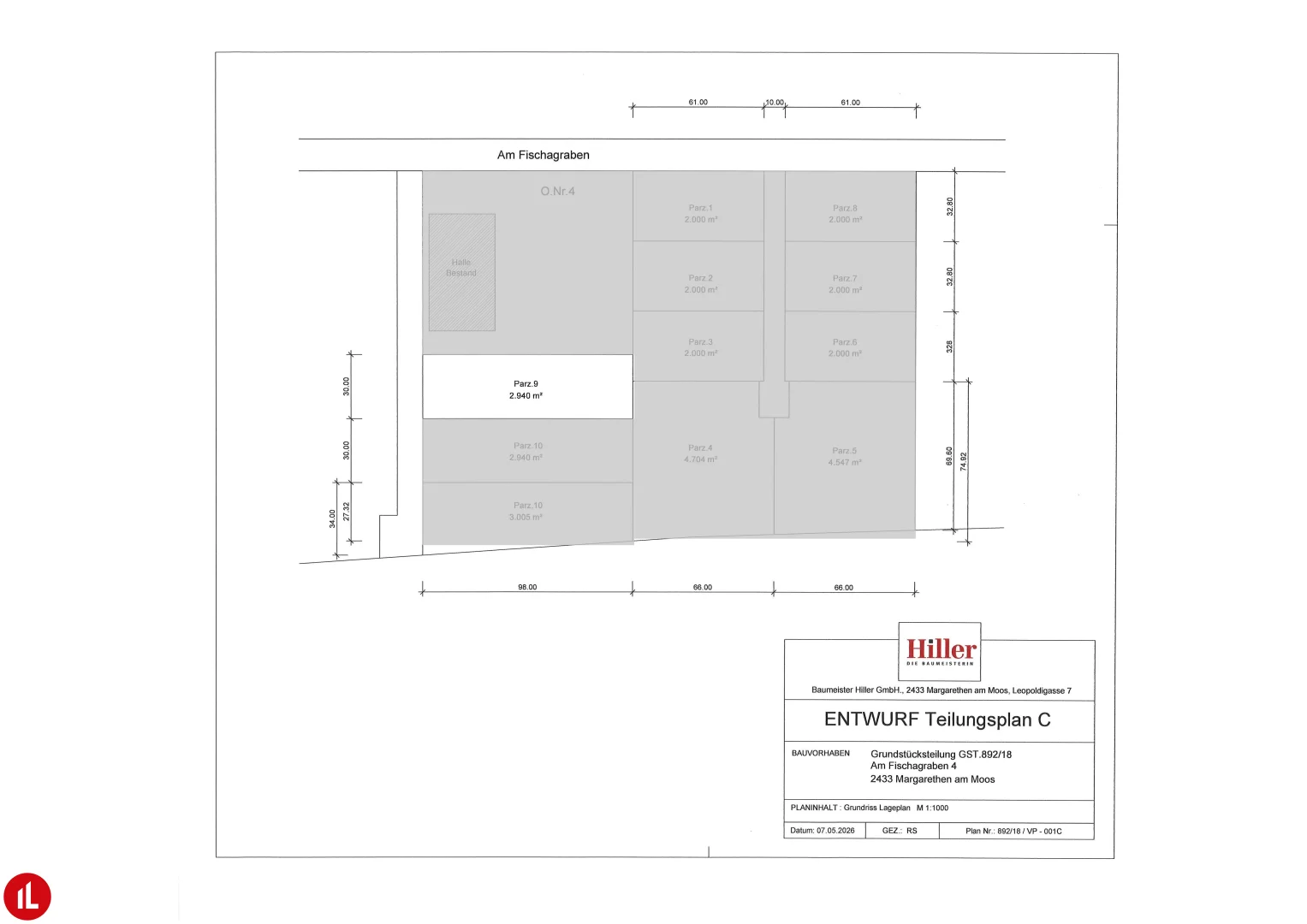 ANTONIUS: hervorgehobene Parzelle 9 mit 2.940 m² im Entwurf Teilungsplan C vom 7. Mai 2026